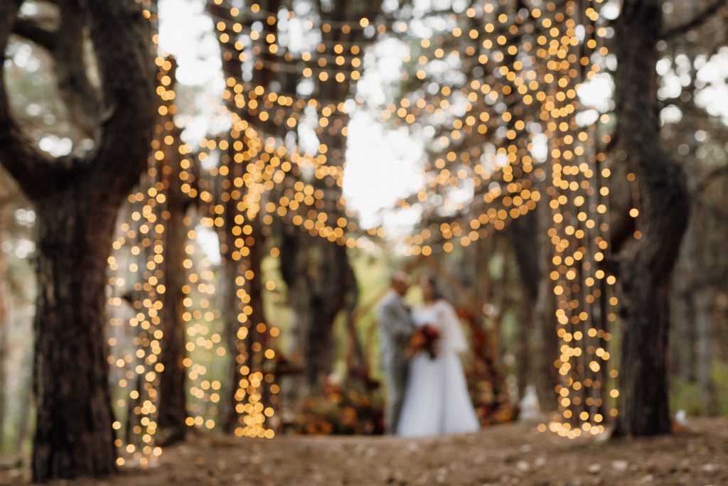 Soft-focus wedding scene in a forest, with a couple standing beneath warm string lights draped between trees, creating a glowing, romantic atmosphere.