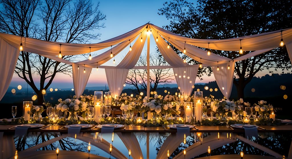 Elegant outdoor wedding reception at dusk with a long table set under flowing white drapes, glowing string lights, and candlelit floral arrangements against a scenic landscape backdrop.