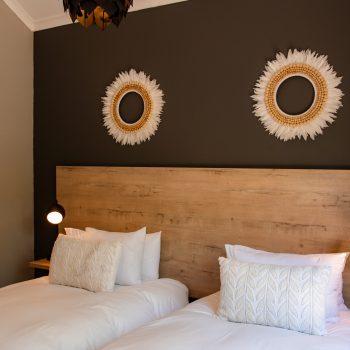 Interior of Simbali’s Bush Bungalow with natural wood finishes and stylish decor
